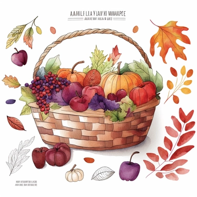 Create a hand-drawn less watercolor fashion illustration clipart of a basket of fall apples, featuring a charming and playful scene with a hand-drawn basket filled with fresh and colorful apples in shades of red, purple, and orange, set against a white background with a few scattered fallen leaves and a cute little worm peeking out, invoking the feeling of being in a whimsical and cheerful environment during the fall season.
