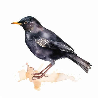 Watercolor blackbird clipart, white isolated background, space out, hd