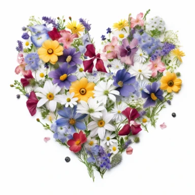 summer flowers clipart, heartshape, love, white background, climbing, spreading,