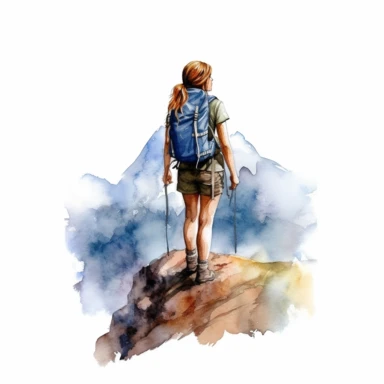 watercolor hiking girl on mountain clipart, isolated on white background