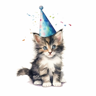 one kitten dressed in party hat and party hat clipart on a white background, in the style of realistic watercolor paintings, 32k uhd, cult party kei, made of paperclips, petcore, aquarellist, happenings , no watermark, text, 300 DPI , typography, shapes do not stick together, no text in the picture, on a white background
