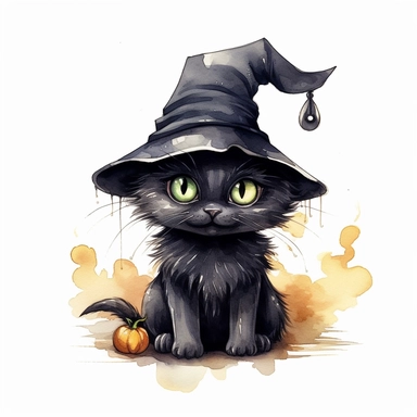 Cute Witches black cat wearing witch hat, black cat by cauldron, ink and wash, watercolor Clipart, style by Lucy Fleming, watercolor, smooth gradients, black contour outline, ultra detailed, clipart elements, delicate pastel colors, solid white background, super clear, high quality