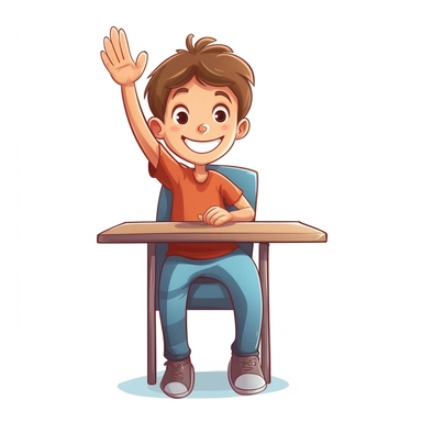 clipart, simple, white background, guy sitting on seat, boy putting up hand in classroom