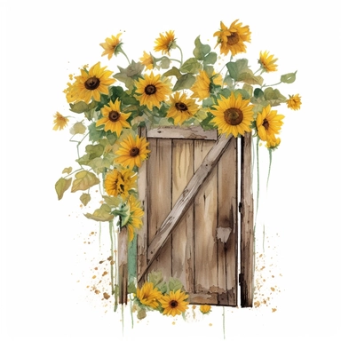 clusters of very tiny sunflowers growing around old barn door that is falling apart watercolor clipart no fonts no words no letters