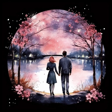 Watercolor, A couple by the river in bloom, night,clipart on black background