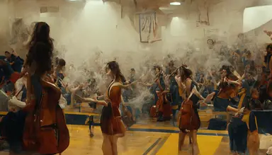 cheerleaders dance in a high school's gym full of smoke while an Albanian guy plays the cello. Inspired by Nirvana's video clip. like in a Pierre klossowski painting. 4k