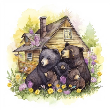 hand drawn family of black bears, wearing clothes in shades of yellow and purple, at a cabin in the woods, bumblebees, purple flowers and grass, very detailed, very realistic, watercolor, clipart style