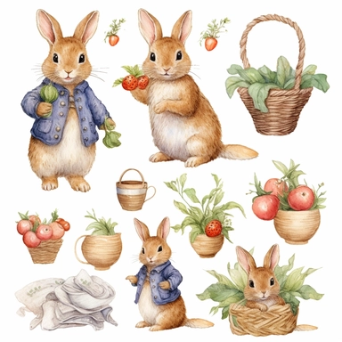 Easter clipart set, whimsical and cute hand drawn illustration, Beatrix Potter isolated image white background
