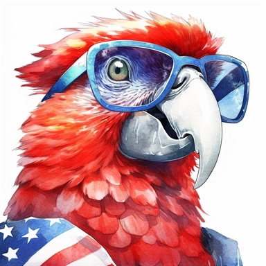 Scarlet macaw, wears American flag scarf and sunglasses, closeups shot, low angle, watercolor style, hyper-realistic animal illustrations, 2d game art, quadratura, clipart, on white background,