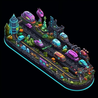 isometric, spritesheet, game assets, futuristic hover train tracks, isometric perspective, game sprite, sci-fi, cute, fun, creative, cartoon, clipart, hyper-detailed, black background