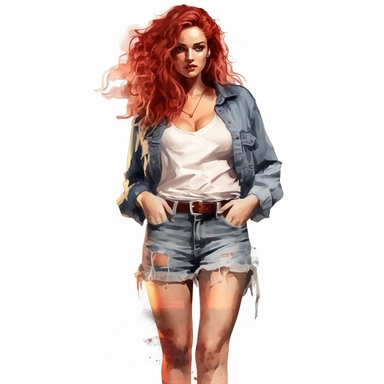 glamour model posing, red curly hair ripped jean shorts, full length, watercolour style, fine details, 8k clipart png transparent