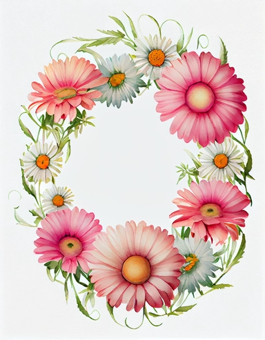 detailed vibrant watercolor baby pink daisy flower wreath with very wide middle white space , isolated on white background, realistic, clipart, high definition