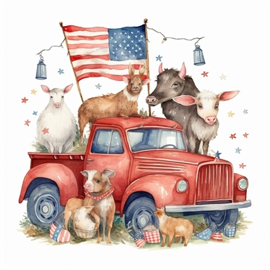 Cute Americana surrounded by farmers patriotic cute things, Include old retro Truck with flag , cow flag colored, rooster Americana colors , donkey with Americana head, pig, flags on a rope, barn Americana collor. American flag details painted on all subjects, boho stile watercolor clipart
