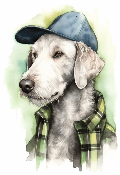 watercolour of a Bedlington Terrier wearing A plaid flannel shirt in shades of green and grey paired with a denim jacket, Add a black bow tie around the neck and a green tweed cap on the head as an accessory, clipart, colourful, pastel color, watercolour, single sheet