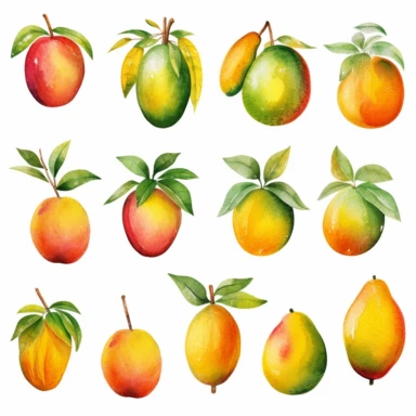 Draw a set of playful and colorful, watercolor style illustrations of mangos, evenly space elements for clipart, white background