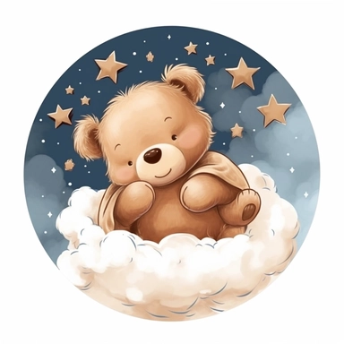 Cute teddy bear illustration, realistic adorable teddy bear sleeping on a soft moon surrounded by stars, sleepy happy clipart, nursery style clipart, Nursery Animals Art, Kids Wall Art, Kids Room Decor, Baby Room Decor, isolated on white, ultra - detailed, high quality, ghibli style, award winning