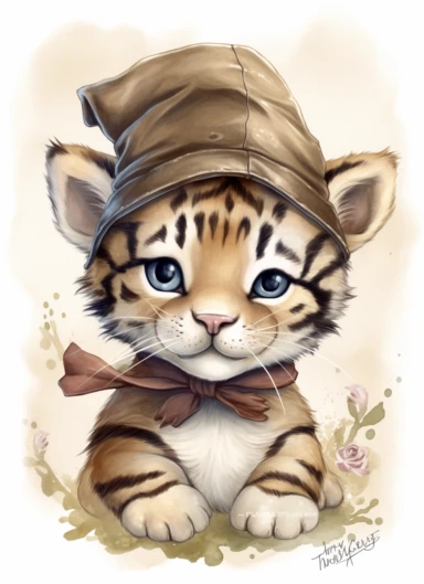 clipart,a cute little tiger in a field with a beret on its head and a bandana on its neck,in the style of jody bergsma, 32k uhd, hand-painted details, charming character illustrations, dark brown and light beige,, aquarellist, hd , white background clipart