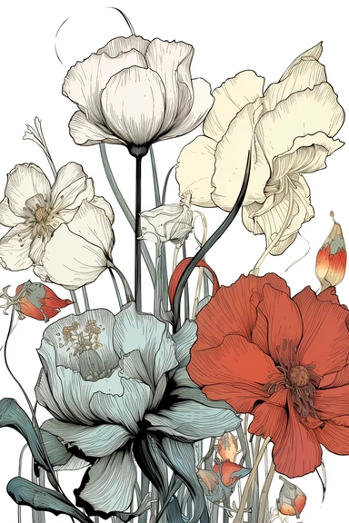 line drawing clipart of flowers in black and white, coloured in