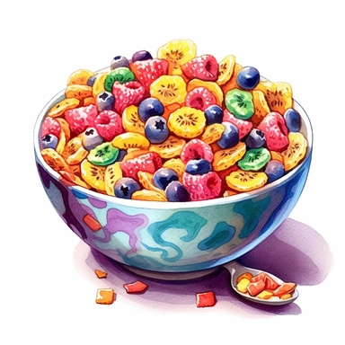 a captivating watercolor, hyper-realistic clipart image with a white background and white margins, portraying a bowl of fruity loops cereal with vibrant colors and fruity shapes. The ultra-detailed, hand-drawn elements capture the playful and eye-catching nature of the cereal. Use bold shades of various colors to create a visually enticing image that evokes the fun and joyful experience of eating this iconic breakfast cereal.