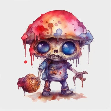 magic mushroom zombie, cute baby mushroom zombie, Watercolor clipart, magic solid background, transparent