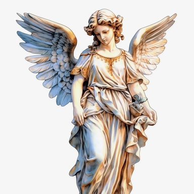 angel statue watercolour in the style of digital airbrushing, realistic yet stylized, digitally enhanced, elaborate costumes, 32k uhd, clipart, white background