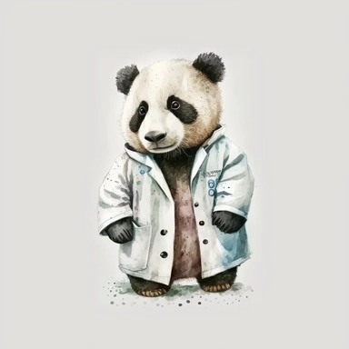 Cute and Happy baby Panda wearing a doctor's coat, Clipart. watercolor style, white background