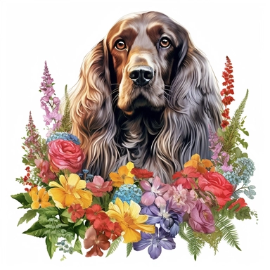 A vibrant garden scene with colorful flowers in full bloom, where an English Cocker Spaniel peeks curiously from behind a floral arrangement, highlighting the breed's inquisitive nature and the beauty of nature's palette, with a white background and watercolor clipart.