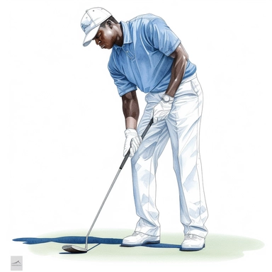 Idyllic watercolor clipart of a young modern African american male golfer in close fitting blue and white sports golf clothes standing with his putting club on the putting green, isolated on a pure white background, insane detail,
