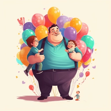 fathers day clipart, fat father holding many besutiful baloons, hugs tightly with son, cartoonic, cute