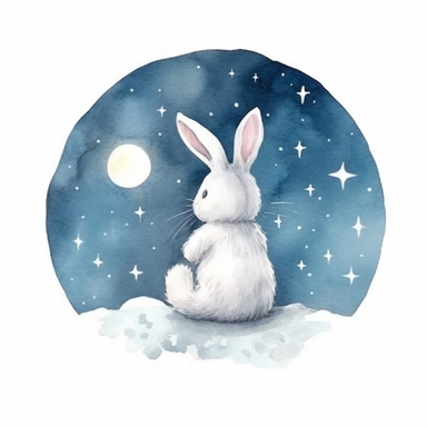 watercolor, hyper realistic, white background, white margins, 16k, ultra detailed clipart, cut out image, hand-drawn watercolor, hyper realistic, white background, white margins, 16k, ultra detailed clipart, cut out image, hand-drawn bunny rabbit sitting on the moon, in the style of dreamy watercolor scenes, the stars art group (xing xing), magali villeneuve, dark blue and yellow, childhood arcadias, moosa al halyan