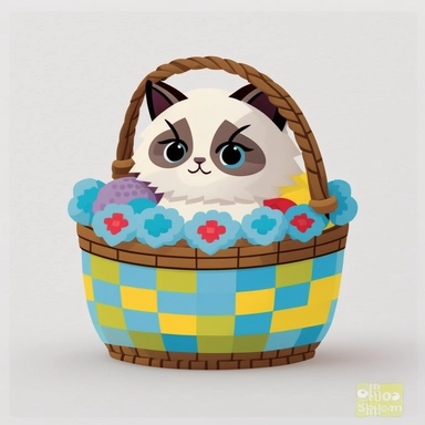clipart of very cute ragdoll kitten, playing in a basket full of easter eggs, solid white background, in the style of mary blair, vintage disney animation style