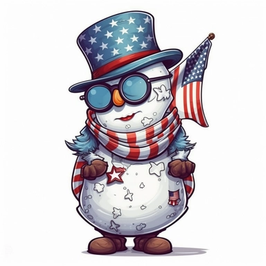 Sticker, American flag with snowman scarf and sunglasses Sublimation Clipart, Cartoon funny, Cute anime, Very detailed, white background