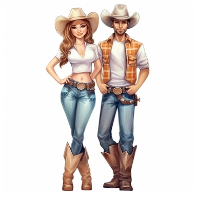 Cute Beautiful Couple Cowgirl Sublimation Clipart,Cartoon,hyper realistic, intricate detail, illustration style,high solution , on the white background