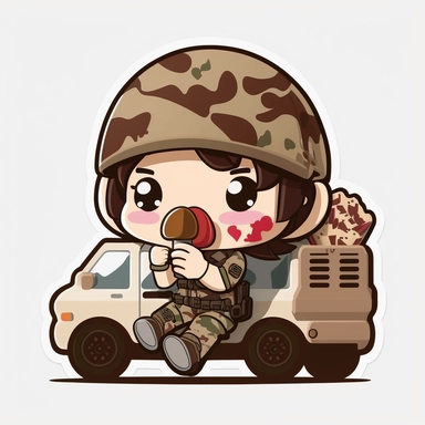 chibi style, chibi style, military tender, eating chocolate, clipart, sticker style, comic style, cell shading, kawaii, sticker, white background, bullet stickers