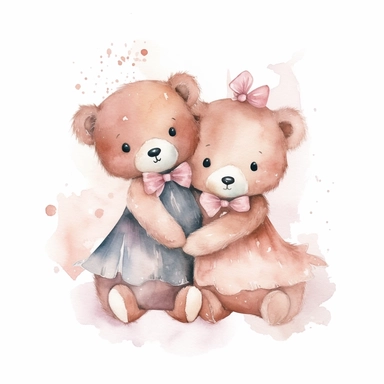 hand drawn cute girly teddy bears giving each other a hug, coquette style, glamorous, watercolor, white background with margins, clipart style