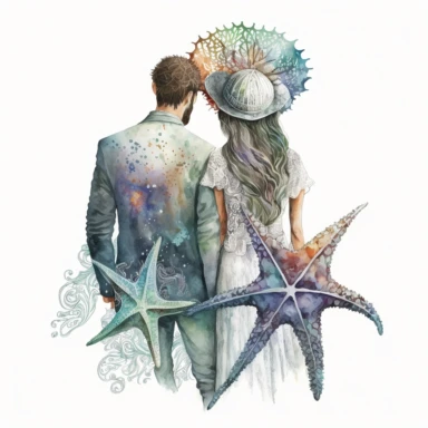 Boho nautical style, wedding bride and groom, back view, seastar, seashell, fantasy, white background, watercolor, hyperrealism, high detail, separate elements, set, clipart