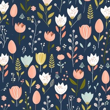 a seamless and repeatable scalable vector clipart pattern featuring stylized Flower bud, Branches and other spring elements, suitable for use as backgrounds or textile prints