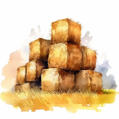 Illustrations of hay bales stacked in a field, representing the harvest season and the role of hay in animal feed, light watercolor, watercolor splash, few details, Studio Ghibli, clipart, white background