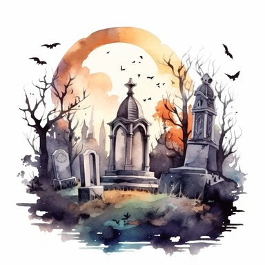halloween graves watercolor painted with black ink, in the style of hauntingly beautiful illustrations, romantic ruins, nightcore, painted illustrations , isolated white background, clipart,