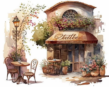 Clipart, Watercolor painting, coffee shop, As the gentle breeze carries the faint scent of freshly brewed coffee, you find yourself captivated by the scene before you. Nestled among a quaint street lined with charming buildings, a picturesque cafe comes into view. The outdoor seating area beckons with its rustic charm, adorned with wrought-iron chairs and tables adorned with vibrant potted flowers. The centerpiece of the cafe is an intriguing structure, an architectural marvel that combines clas