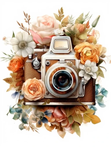 a watercolor old camera 1 photo lens only, colector's item, surrounded by an intricate arrangement of dramatic extravagant ultra realistic digital 3D giant brown and white lucky flowers, in the style of large-scale photography, lush detailing, used style, photorealistic, playfully intricate, made of flowers, bloomcore, 8K, clipart, clear background