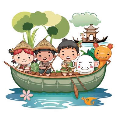simple, traditional costumes, local foods, and animals, diverse characters, educational, history, and cultural diversity,row boat on a beautiful river, clipart style, cute, picture book style, captivating, kid friendly cute character, black and white, coloring book style, cartoon style, vector image, simple, line art style, character, white background