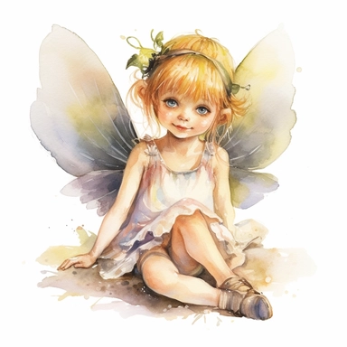 little girl, big eyes, dressed as a fairy with wings on her back, beautiful and happy, she is sitting and head is turned towards camera, very detailed and realistic, watercolor, white background with margins, clipart style