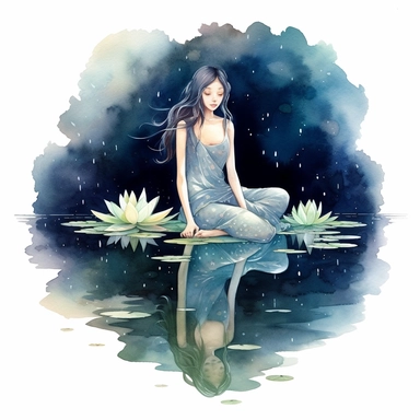 watercolor, hyper realistic, white background, white margins, 16k, ultra detailed clipart, cut out image, hand-drawn, whimsical manhwa style, ultra HD, sharp and clean art goddess gazing at her reflection in a serene pool under a starry sky. Incorporate elements like water lilies, floating candles, and shimmering stars to add to the magical atmosphere. Soft Pastels - Create a dreamy atmosphere with a color scheme consisting of delicate pastel shades like lavender, mint green, baby blue, and pale
