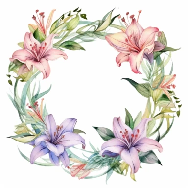 pastel colored lilies and other greenery in a beautiful wreath frame, Georgia O'Keeffe, watercolor, florist style, clipart, only white background, 2d, flat