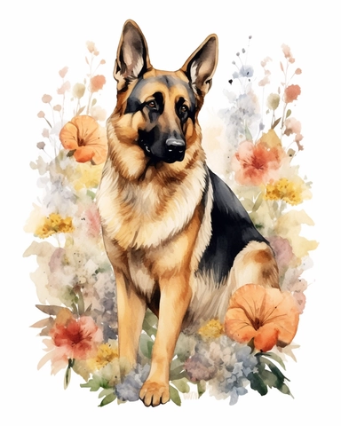 detailed watercolor German Shepherd standing on flowers , realistic, isolated on a white background, clipart
