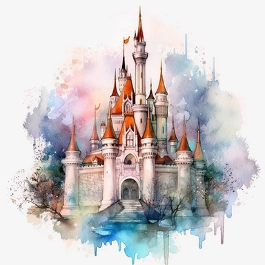 Watercolour animated whimsical beautiful Disney inspired beautiful fairytale castle Disney inspired fairytale castle beautifully detailed perfect details ultra highly detailed, 18k, sharp focus, bright photo with rich colours digitally enhanced, enhanced graphics, straight, sharp focus, bright lighting, intricate detailed png image ,high definition,300dpi,graphic clipart,computer graphics