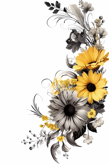 flower corner freebie floral border clipart, in the style of black and white realism, yellow and gray, uhd image, tattoo, monochromatic paintings, contemporary fairy tale, eye-catching detail