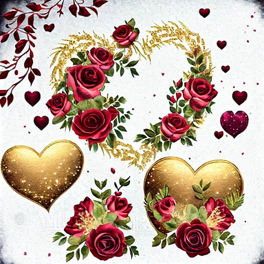 beautiful, extremely detailed, realistic, dark burgundy roses, on elegant, sparkling, detailed gold glitter hearts Watercolor Valentine's day wreaths and clipart, Hand painted hearts,