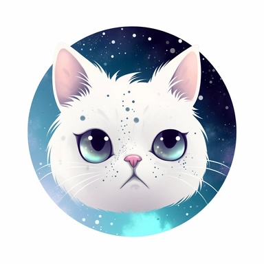 5th dimensional galaxy white sad cat, 8k, cosmos, white background, looking at me, clipart, cartoon style, round portrait surrounded by stars